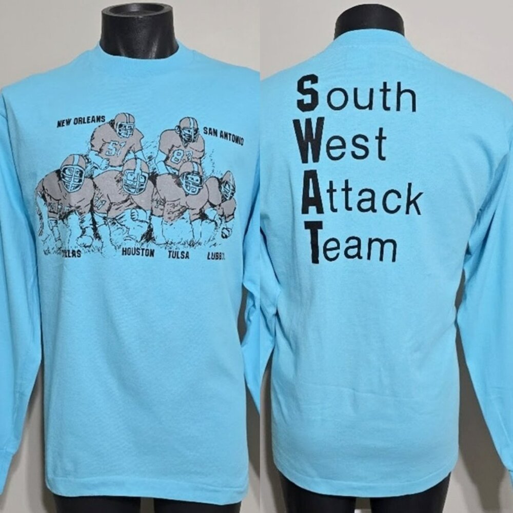 Vintage 90s SWAT Football T Shirt XL NOS Long Sleeve Aqua Single Stitch